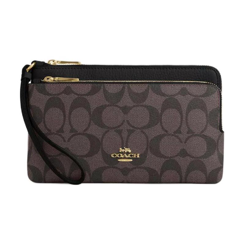 

COACH wallet Double Zip 20 Classic Presbyopia Metal Logo Signature Coated Canvas with Fine Pebbled Leather Clutch Regular Women s Gold with Brown чорний