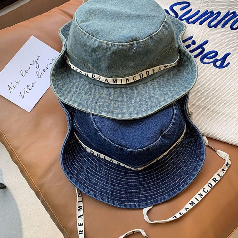 With Tie Belt Jeans Fisherman Hat Letter Sunscreen Hat Sweet Denim Bucket Hat  Travel