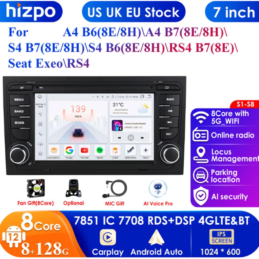 Hizpo 4G-LTE Carplay 7 Zoll Android Autoradio GPS für A4 B9 B8 B7 B6 S4 RS4 SEAT Exeo Multimedia RDS 2din Autoradio Stereo Video Intelligente Navigation