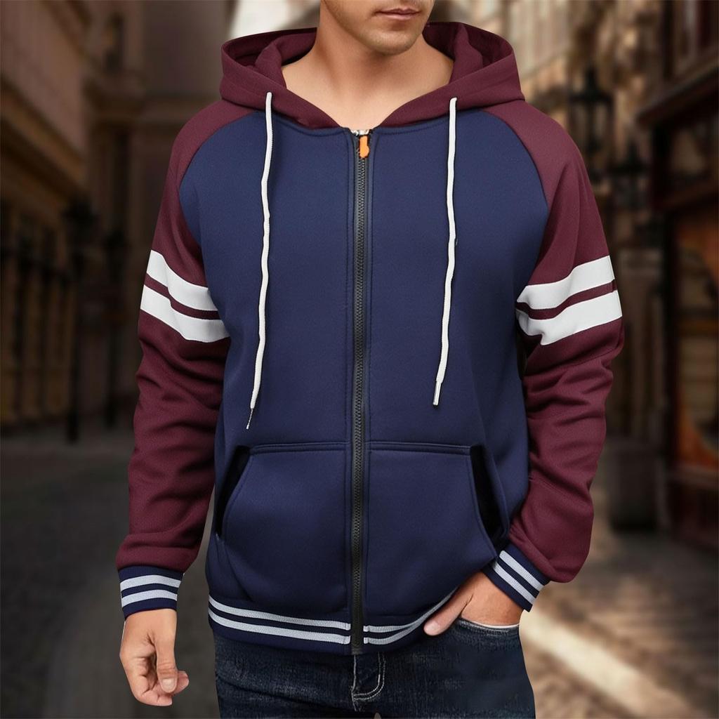 Mens Full Zip Hoodies Striped Color Block Casual Hooded Sweatshirts With Pockets Fashion Patchwork Jackets Outwear
