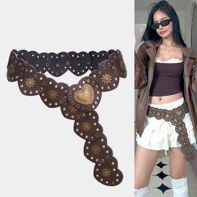 Y2k Love Heart Patchwork Waist Wide Side PU Leather Waistbands Gothic Rivet Waist Belt  Party