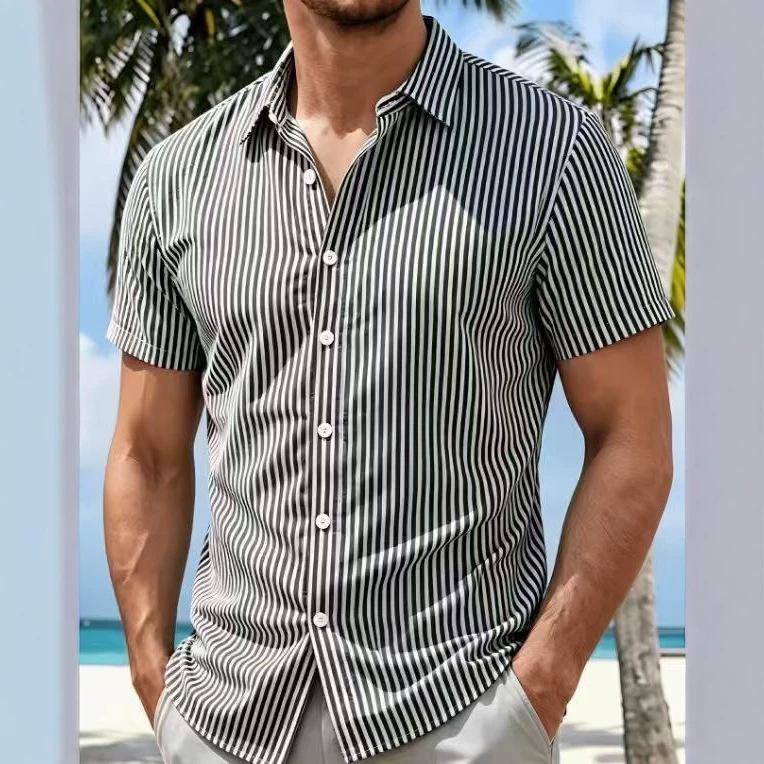 Men S Striped Short Sleeve Casual Shirt Summer Relaxed Fit S чёрный