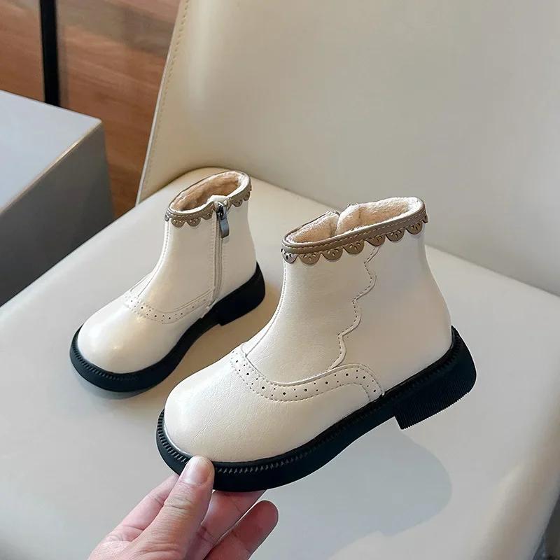 Girl Child Boots Winter Black Beige Versatile Princess Ankle Boots Sweet Ruffled Edge Versatile Kids Fashion Causal Cotton Boots