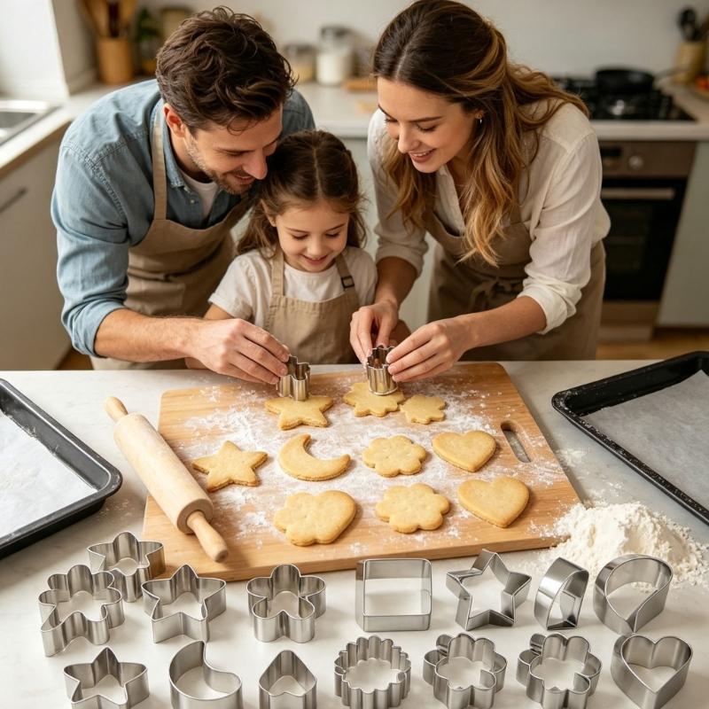 6 Piece Stainless Steel Cookie Cutters Set with Heart Flower Moon Star Square and Scalloped Round Shape, Easy Cleaning Baking Tool for Cookie and