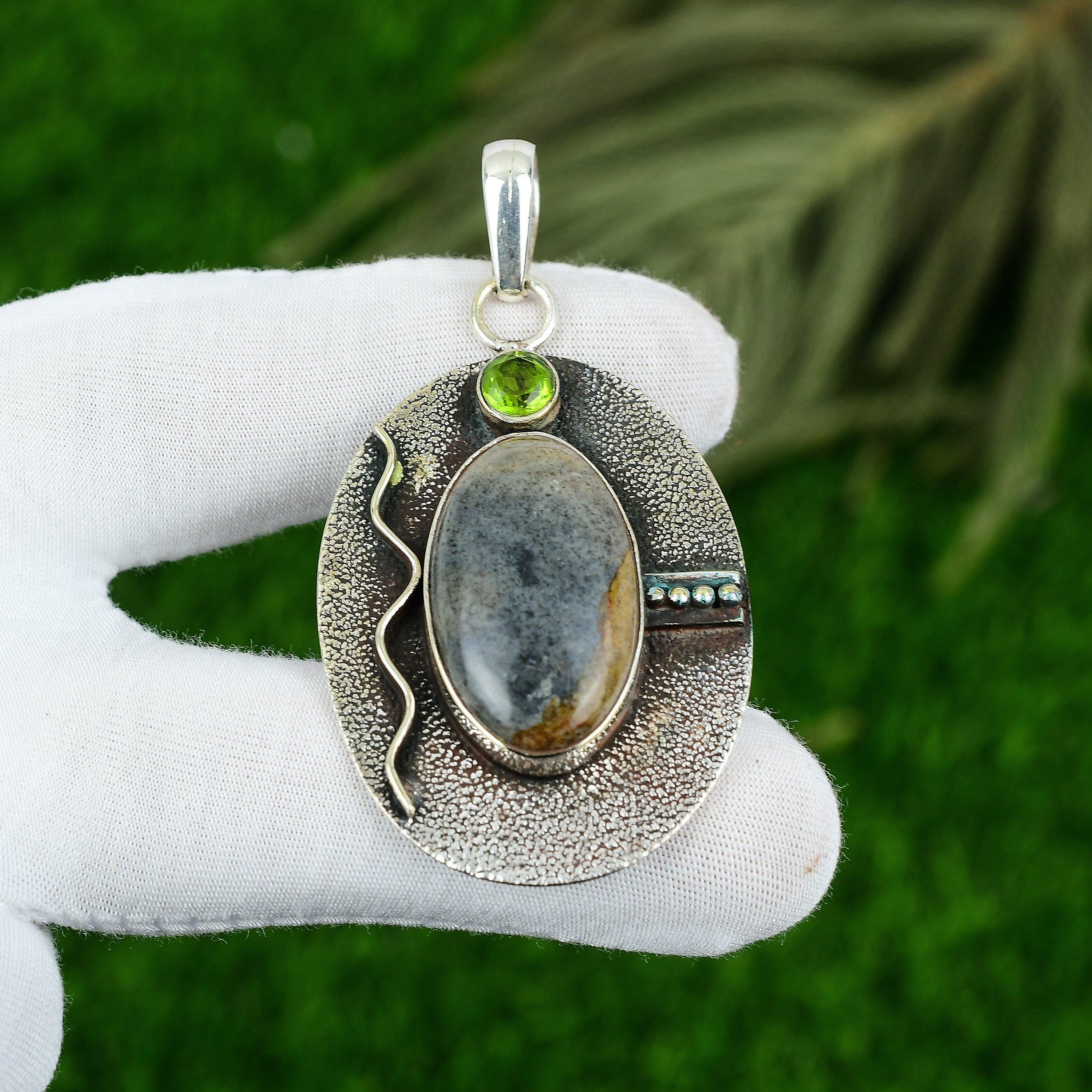 Oval Natural Polychrome Jasper Peridot Boho Pendant Jewelry 925 Sterling Silver