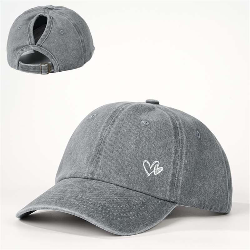 Adjustable Ponytail Baseball Cap with Double Heart Accent, Sun Hat for Daily Wear, Walks, and Casual Travel Time
