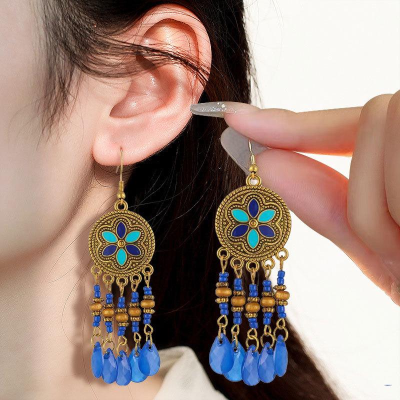 Ethnic Style Earrings, High-End Long Beaded Water Drop Fringed Earrings, Bohemian Ear Jewelry.
