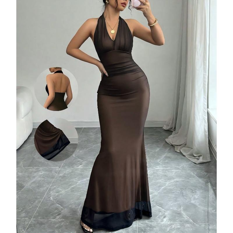 2025 Ny Sommar Dam Sexig Halterneck Nät Genomskinlig Lyst Ärmlös Klänning