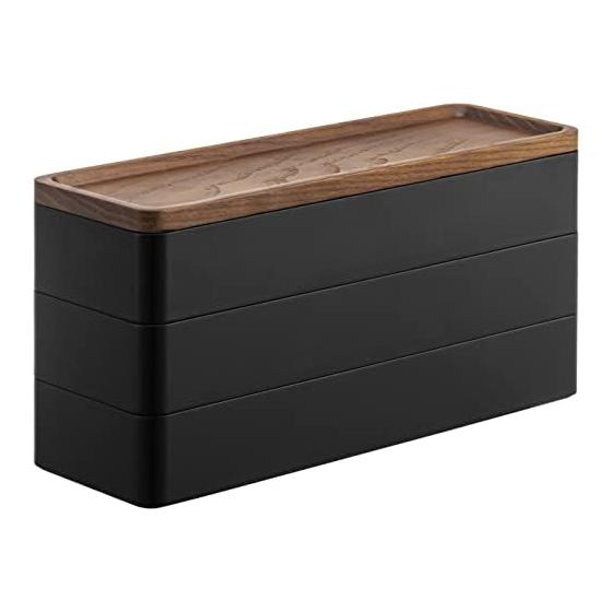 Yamazaki Jitsugyo 5810 Slim Accessory Case with Tray, 3 Tiers, Brown, Approx. W24XD8XH11.5cm RIN Lid Turns Into a Tray Accessory Storage
