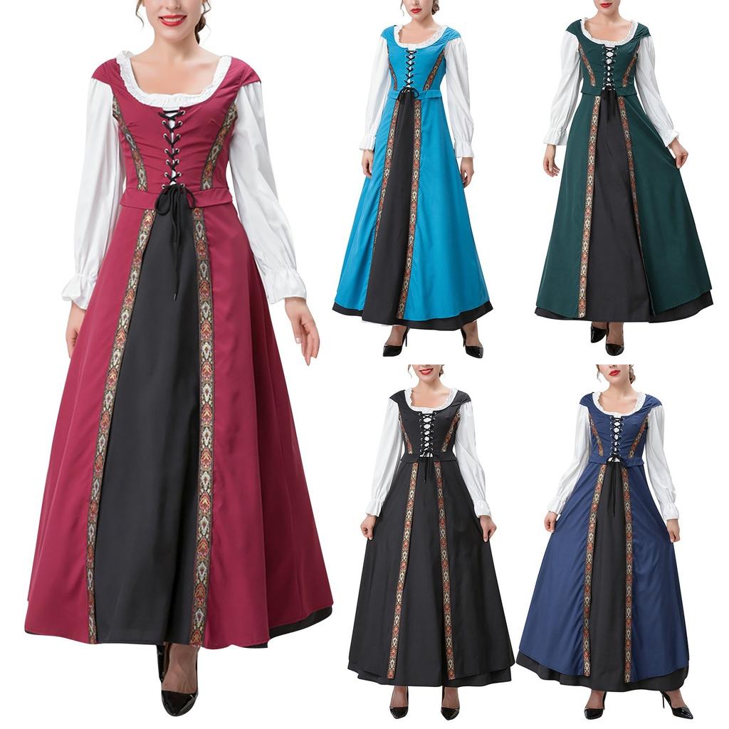 Women's Retro Halloween Costumes Round Neck Dress With Waist Tied