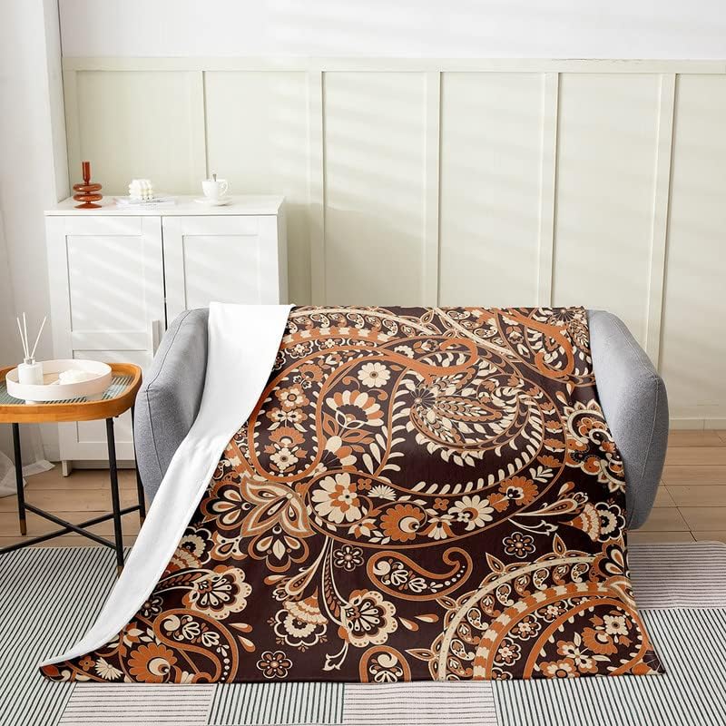 Paisley Fuzzy Throw Blanket Bohemian Exotic Style Flannel Fleece All Season Bed Blanket for Sofa Couch Room Indian Style Red Yel