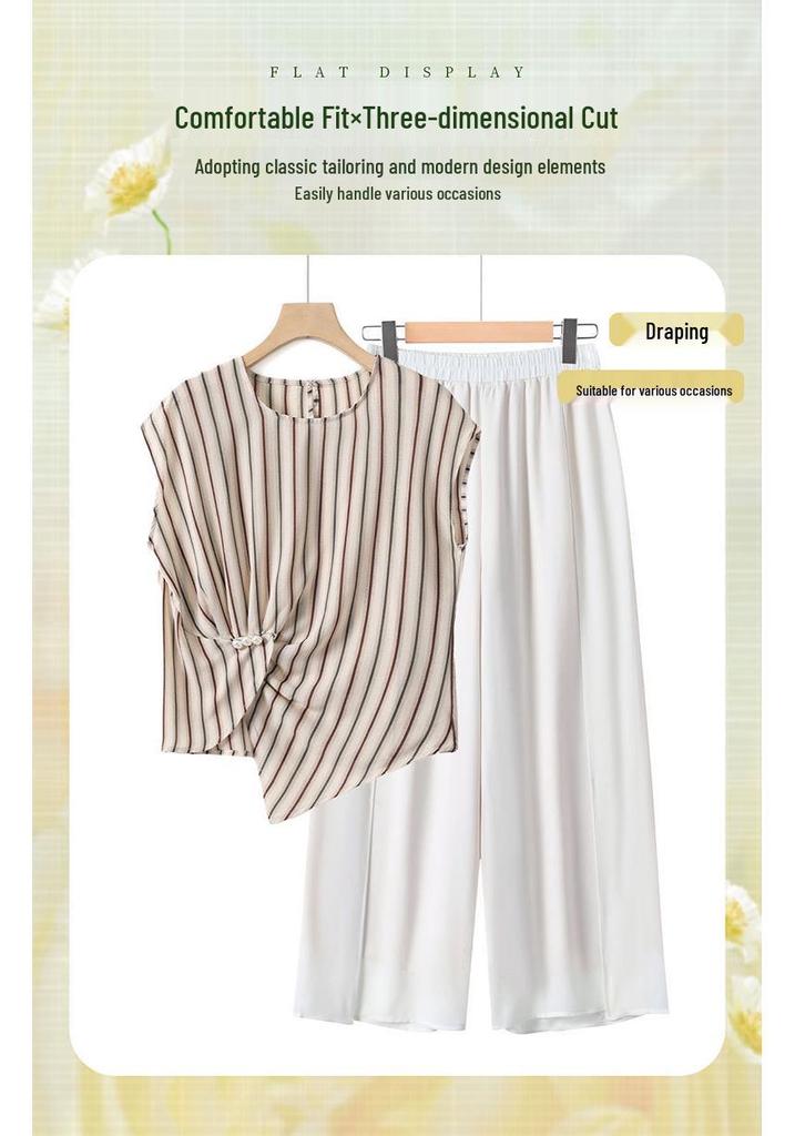 2026 Trendy Wide-Leg Pants & Striped Short-Sleeve Top Set for Middle-Aged and Seniors