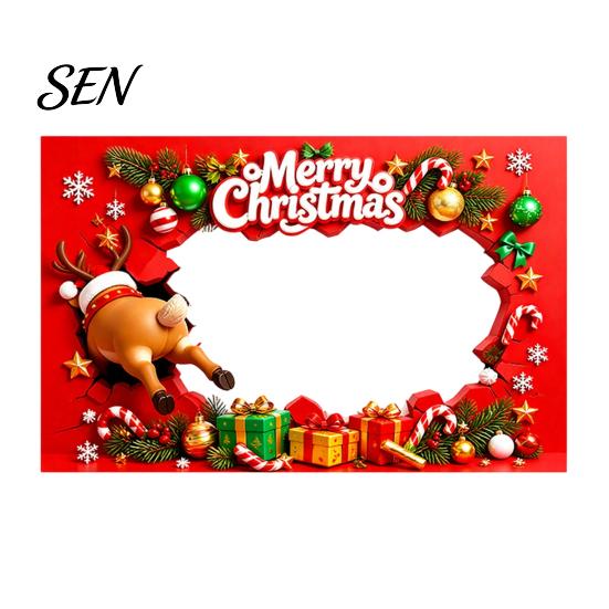 Festive Seasonal Event Banner Christmas Cartoon Photo Booth Frame Banner, Xmas Selfie with Elk Theme Props Penguin Bear, Holiday Party Handheld Prop,