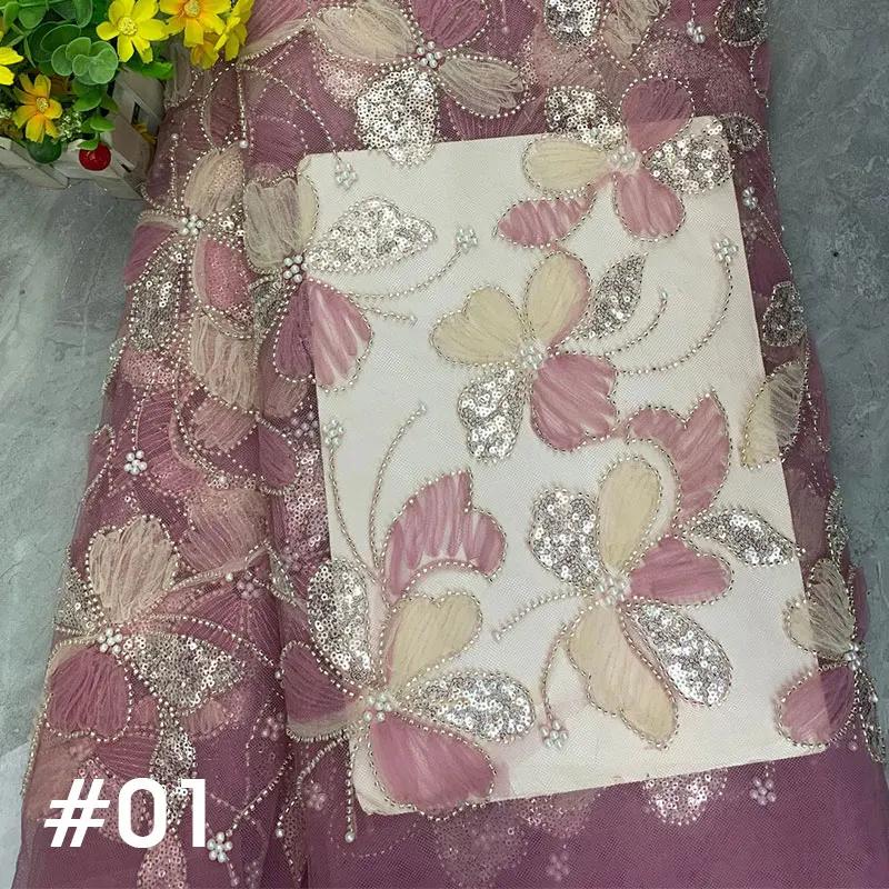 African 3D Beaded Sequins Pearls Embroidered Tulle Fabric Handmade Net Lace Fabric for Bridal Party Dresses DIY Sewing