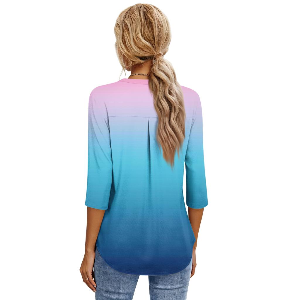 Women's Fashion Casual Three-Quarter Sleeve T-Shirt Printed V-Neck Top