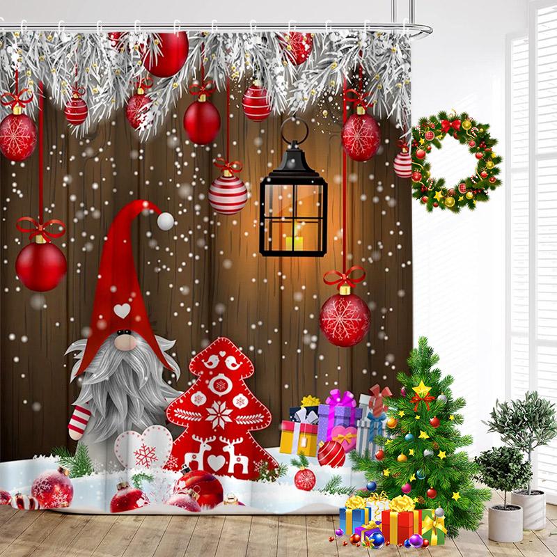 

Red Christmas Shower Curtain Set Funny Santa Claus Green Pine Branches Xmas Balls Home Bathroom Decor Bath Mats Toilet Lid Cover