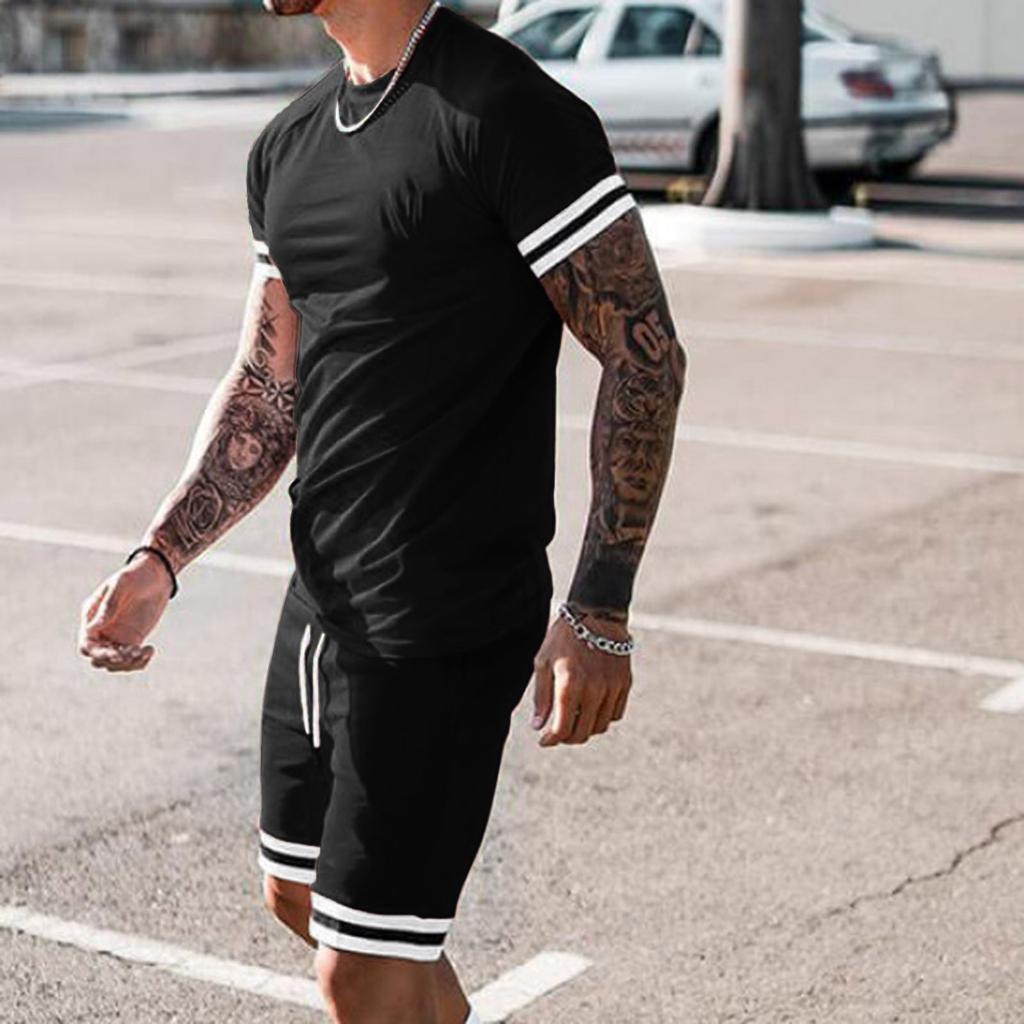 7 Colors Striped Patchwork Hem Woven Short Sleeve T Shirt Sets Men Summer Two Pieces Short Pants Suits Sportwear