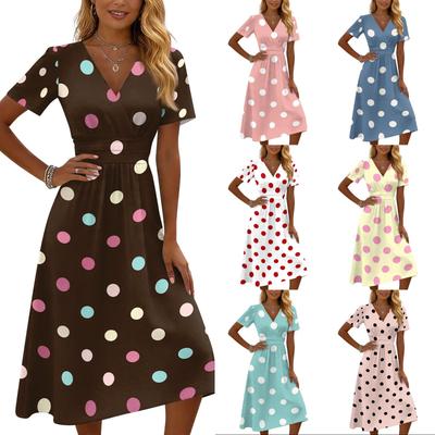 Rochie casual de damă cu decolteu în V, mânecă scurtă, imprimeu cu buline, lungime midi, talie elastică, rochie de vară pentru purtare zilnică