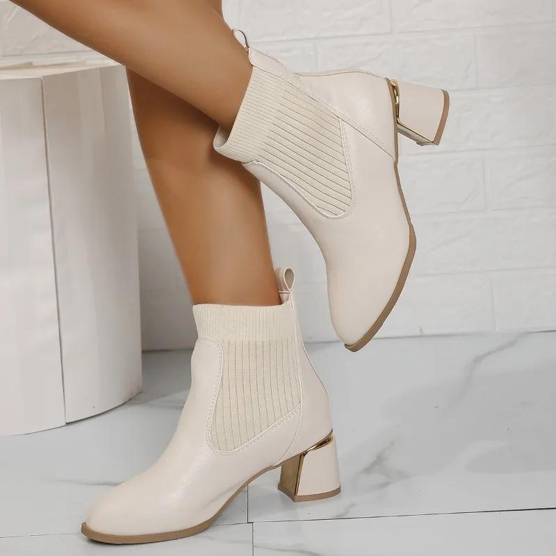 2025 Slip-on Women's Fashion Short Boots Leather Round Toe Thick Heel Solid Autumn Casual Ankle Boots Comfortable Shoes Ladies