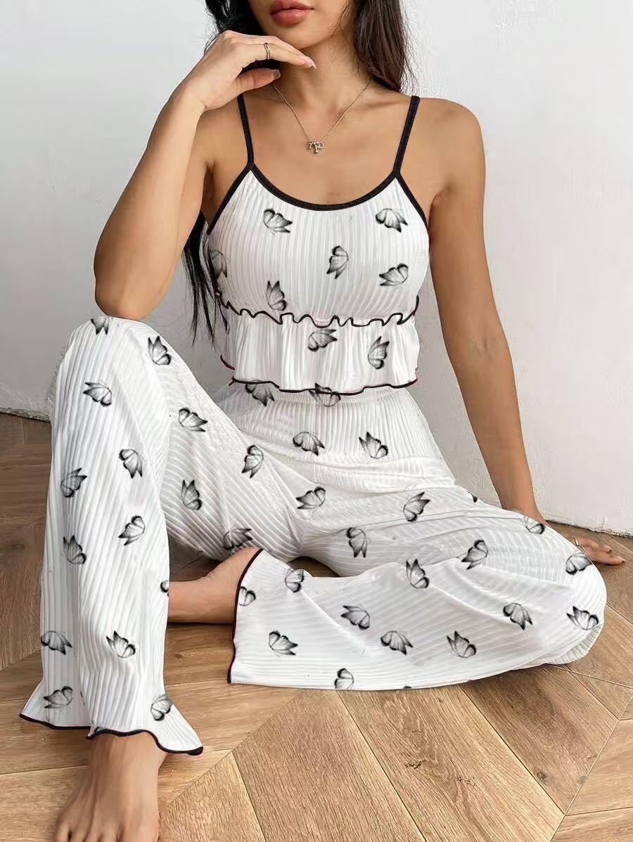 

Women s Cross-Ribbed Camisole and Long Pants Pajama Set - Casual and Sexy Summer Home Wear, Thin Two-Piece Set M