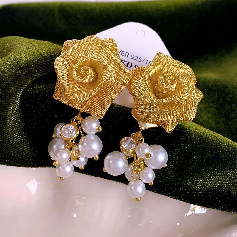 Retro Luxury Rose Pearl Tassel & Yellow Flower Stud Earrings