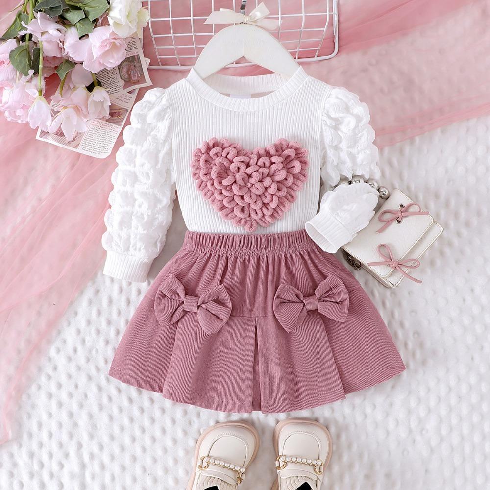 Children's Sweet Suit Spring and Autumn Girls Bubble Sleeve Love Top + Bow Skirt 2pcs Kids 6M-3Y Clothing