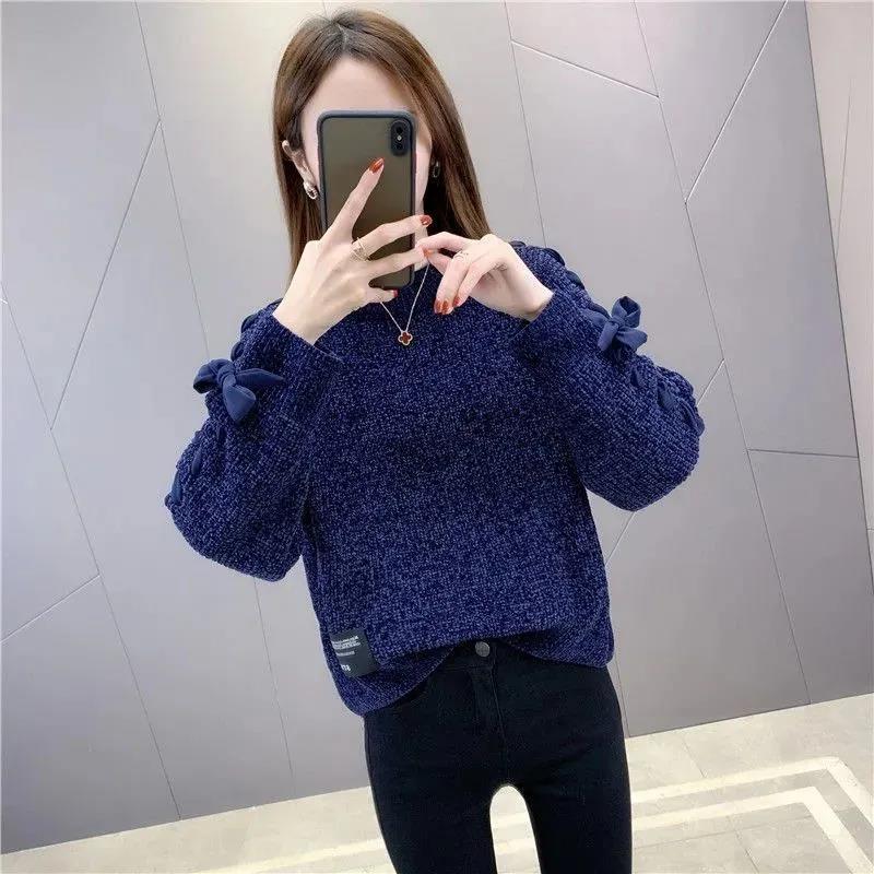 Fleece žinylkový svetr s výstřihem kravata Mašle s dlouhým rukávem pletený svetr jednobarevný volný oversized svetr