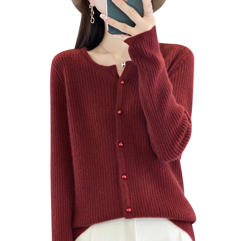 Women's Striped Wool Cardigan - New Autumn/Winter Style, Half-Open Collar, Short, Slimming Knit Cashmere Jacket