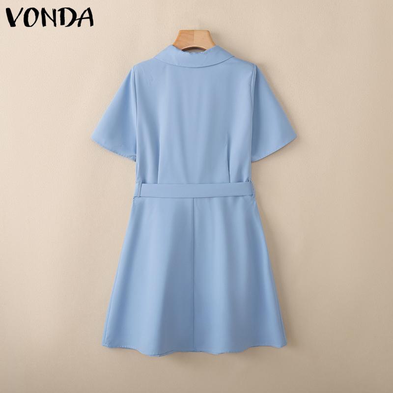 VONDA Women Elegant Short Sleeve Belt Casual Mini Pleated Dress