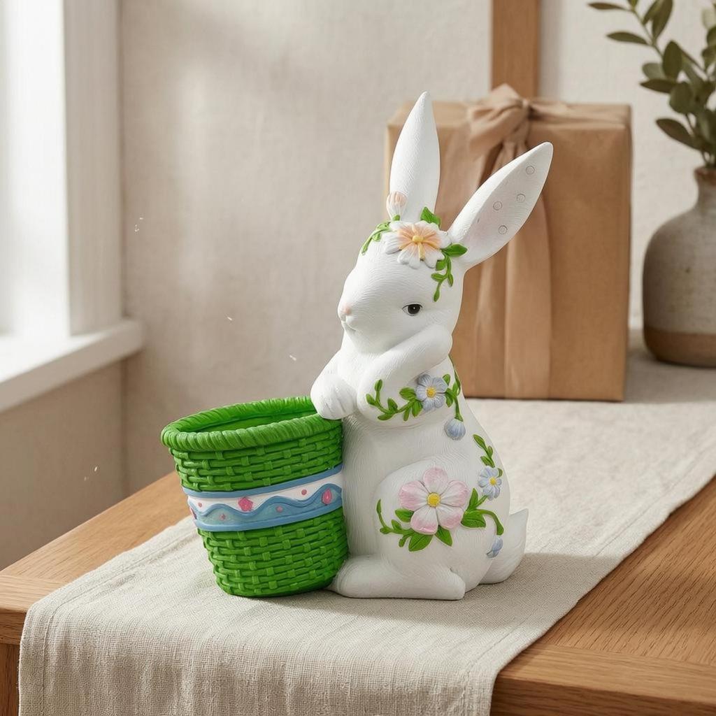 Hare Flowerpot Ornament Resin Planter Floral Details Basket
