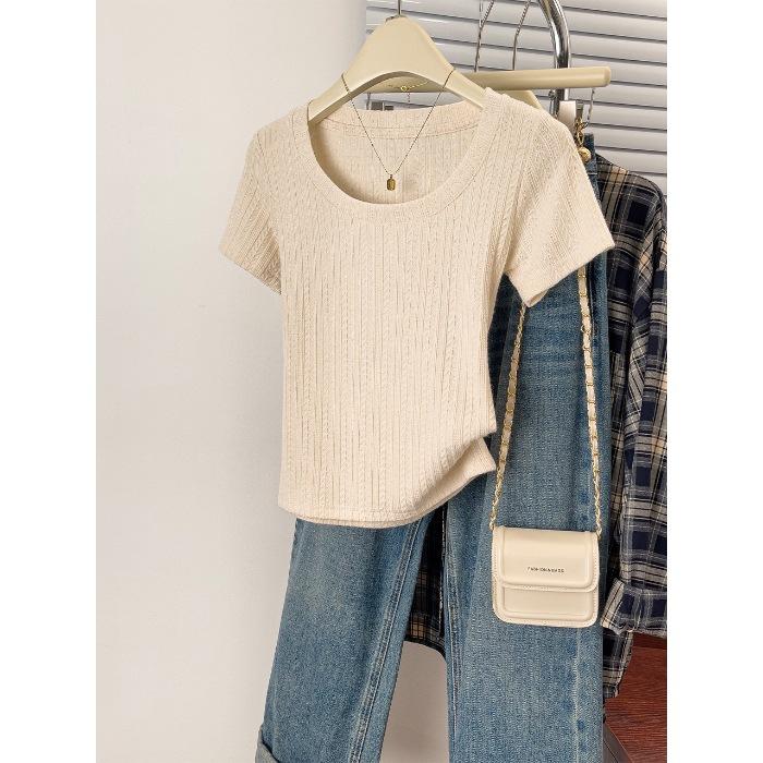 

8097 #No price reduction u-neck short-sleeved t-shirt women s clavicle-exposed thin age-reducing short top S