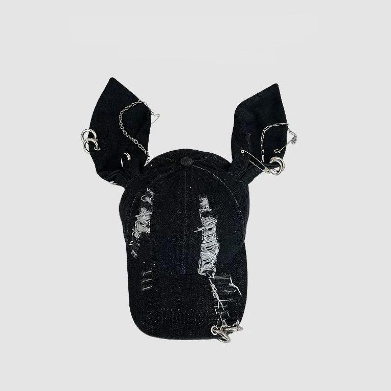 Original Korean Style Rabbit Ear Denim Perforated Baseball Cap for Women Four Seasons Washed Graffiti Hip Hop Duckbill Cap Trend