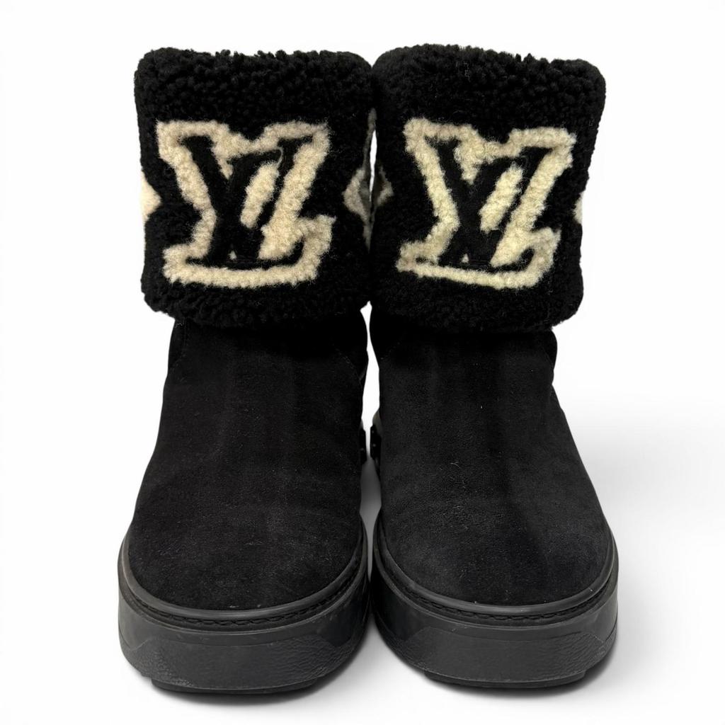 Great LOUIS VUITTON Boots Snowdrop Line LV Logo Shearling Black Mouton Women 35 Used