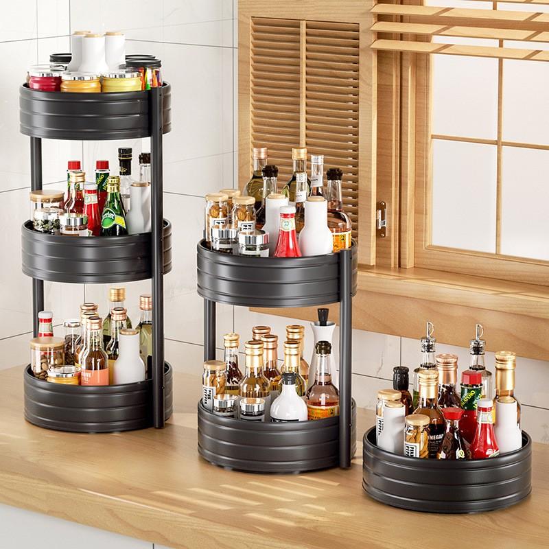 Rotating Corner Spice Rack Kitchen Counter Carbon Steel Multi-Tier Organizer Oil Salt Sauce Vinegar