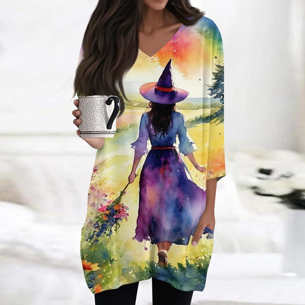 Women's Halloween Print V-Neck Tunic Top with Pockets 3/4 Sleeve for Casual Fall Wear
