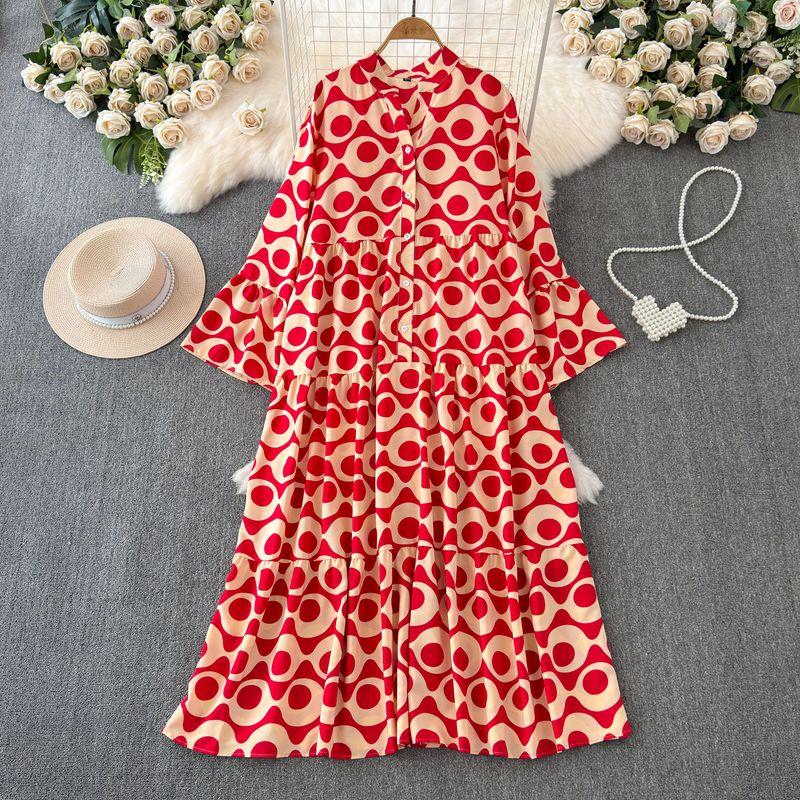 

Fancy Light Luxury Temperament Horn Long Sleeves V-neck Loose Slim Looking Single-Breasted Print Dress Elegance Long Skirt Red dot One size