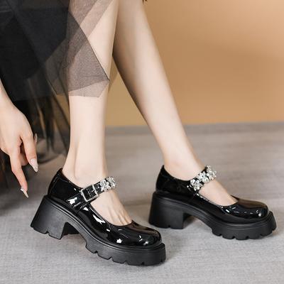 Loafers Women'S Platform British Style Small Leather Shoes Year Crystal Mary Jane Shoes Women'S Muffin Shoes Heightening Jk Shoes