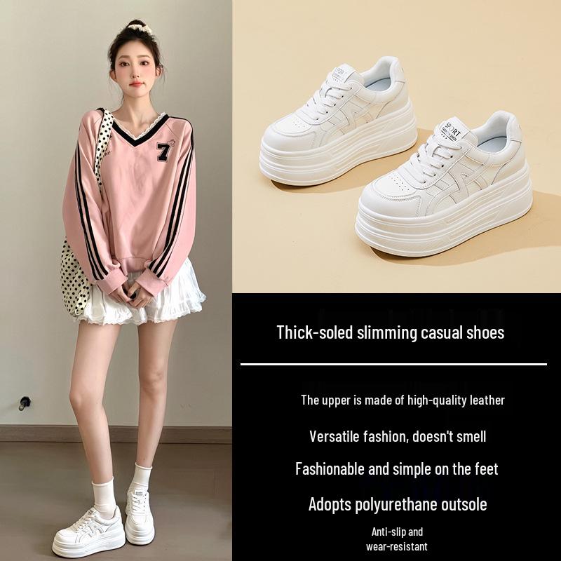 White 2025 Autumn Platform Sneakers: Sporty, Height-Enhancing 9cm Korean Leather Flatforms