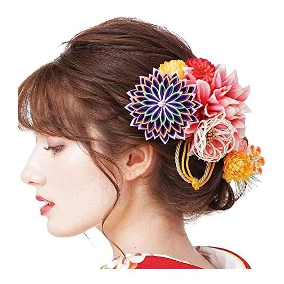 2-Piece Hair Accessory Set: Kanzashi WK-108, Tsumami Zaiku, Large Size, Red, Pink, Purple, Comb, Pin, for Coming-of-Age Ceremony, Furisode, Yukata,