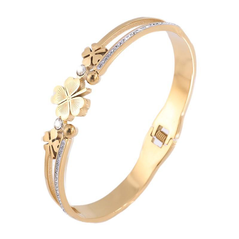 Zlatý náramek z nerezové oceli čtyřlístek pro ženy, módní a vynikající náramek pro štěstí se sponou na jaře
