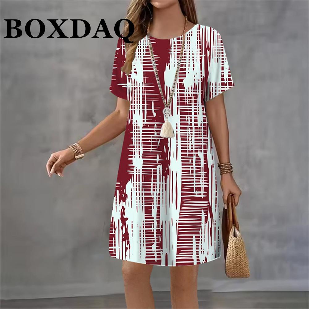 2026 Vintage Women's Dresses Tie Dye Striped 3D Printed Elegant Casual Short Sleeve Dresses Loose Fashion Summer Women's Dresses