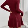 Long Sleeve Solid Rib-knit A-line Ruffle Dress, Casual Mock Neck, Women's Clothing