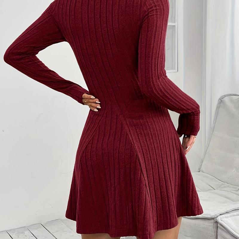 Long Sleeve Solid Rib-knit A-line Ruffle Dress, Casual Mock Neck, Women's Clothing