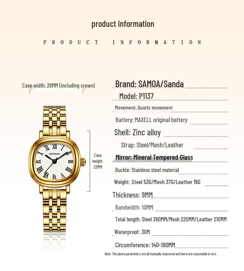 Sanda Women's Luxury Quartz Watch - Small Lightweight Square Design with Roman Numerals, Casual Waterproof Wristwatch