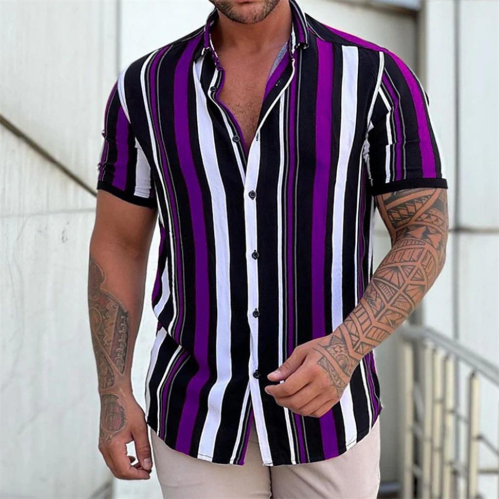 Men's Hawaiian Shirt 3D Stripe Print Short Sleeve Summer Loose Casual Large Size Simple Fashion Lapel Button Men's Tops
