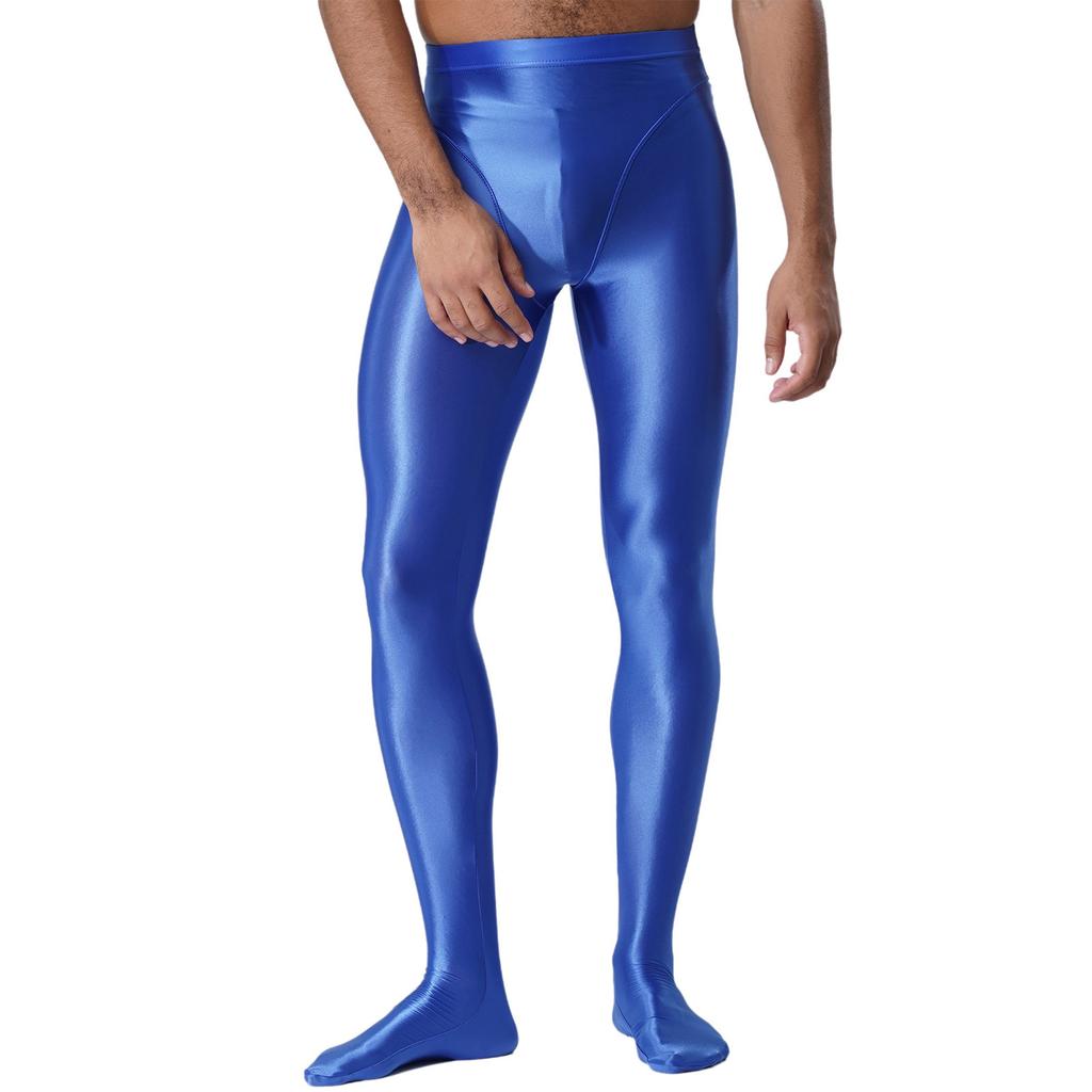 Męskie błyszczące legginsy o wyglądzie mokrej skóry Błyszczący elastyczny pas Wzór ze stopami Dopasowany krój Obcisłe spodnie-rajstopy