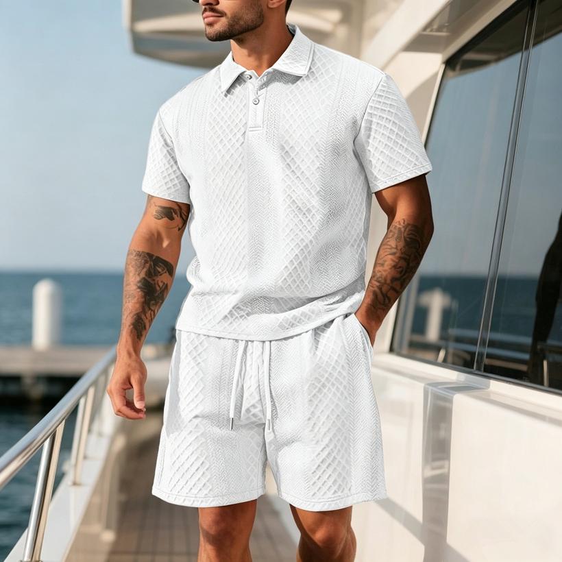 2026 Summer Fashion Sports Style Short Two Piece Set Men's Casual Solid Color Jacquard Short Sleeves Pullover POLO Shirt Shorts 2 Piece Sets