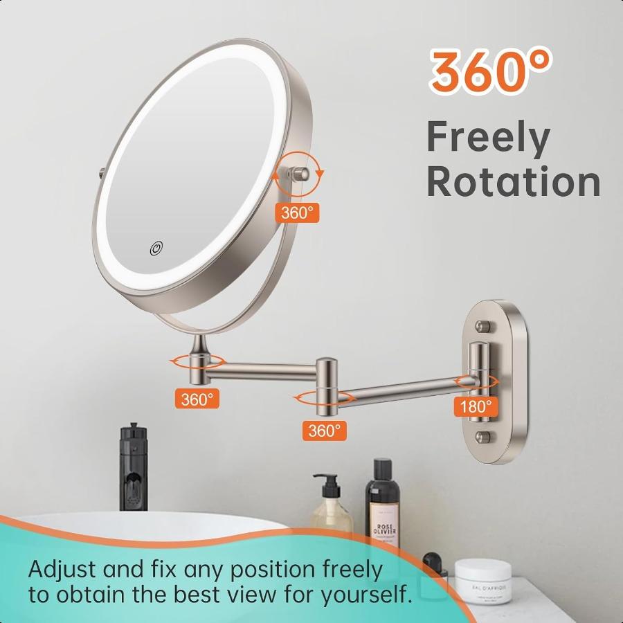 Rechargeable Wall Mounted Lighted Makeup Vanity Mirror 8 Inch Double Sided 1X 10X Magnifying Bathroom Mirror 3 Color Lighting T