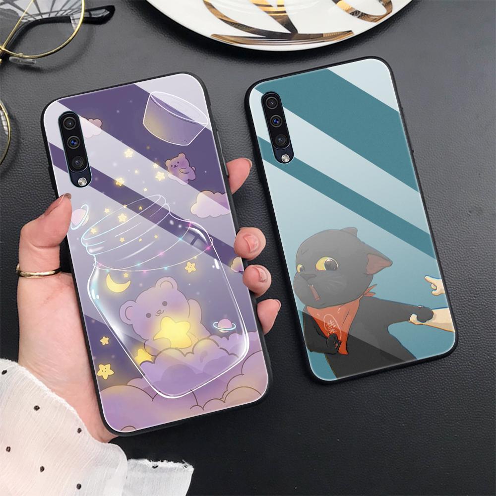 Cute Cat Animal Case For Samsung Galaxy A52 A71 A72 A70 A73 A53 A13 5g A03 A22 A21s A03 Core A42 Cartoon Tempered Glass Cover
