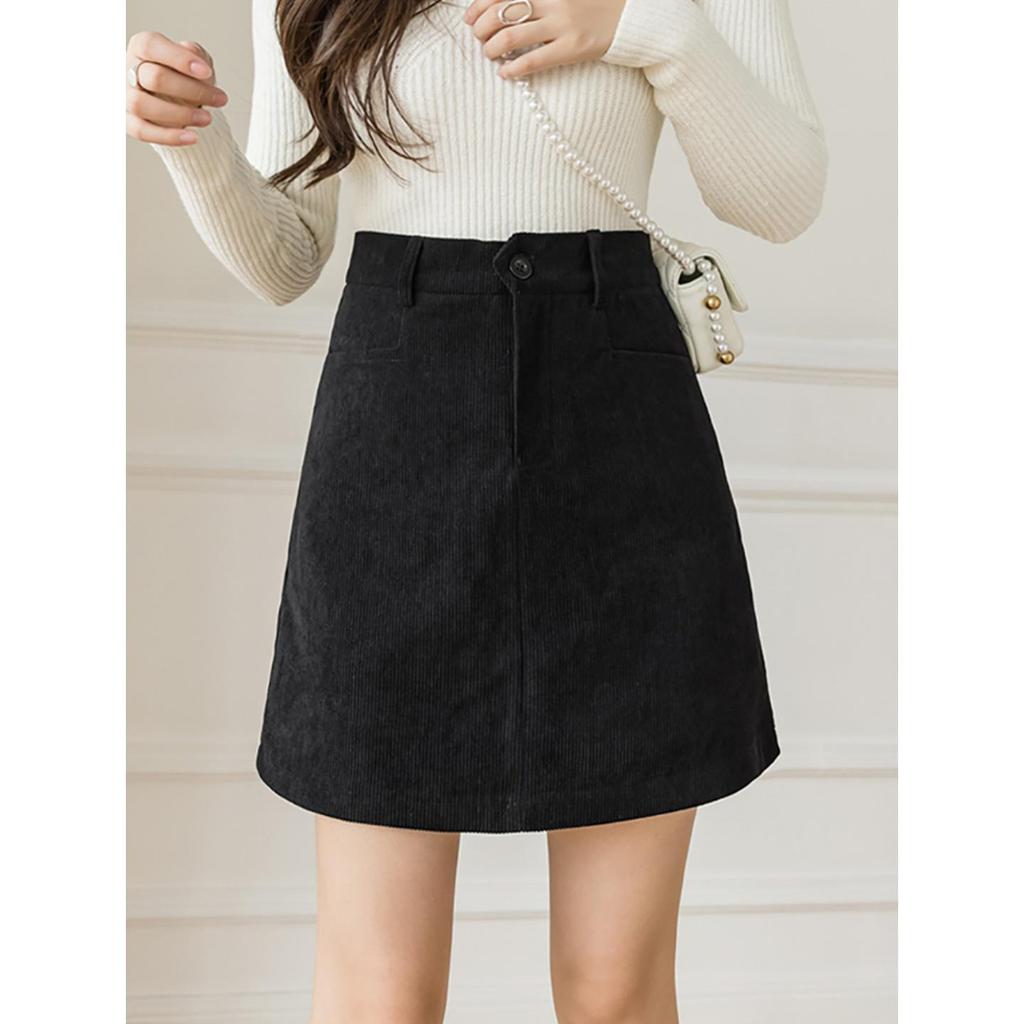 Plus Size Women's Coffee Corduroy A-line Skirt - Autumn/Winter Hip-Hugging Retro Brown Short Skirt